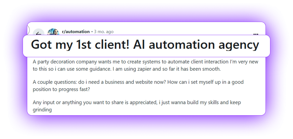 User success story showing how LocalBizAI helped get first client and additional leads